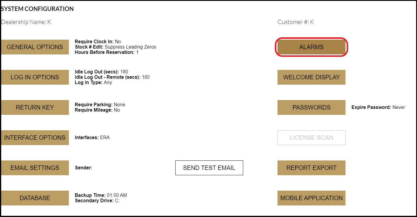 System Configuration > Alarms screen