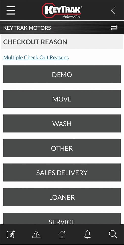 Screenshot of checkout reasons in the KeyTrak Edge Automotive mobile app