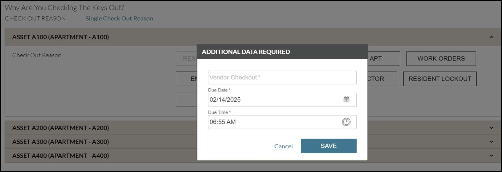 Screenshot of prompt for additional data when selecting a checkout reason