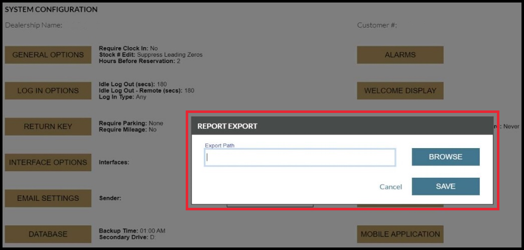 Report Export on System Configuration screen