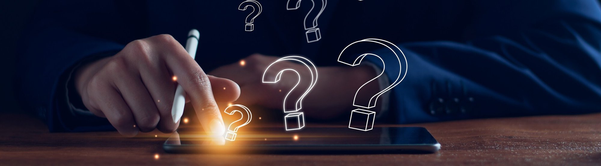 Businessman looking at phone with question marks appearing above Businessman looking at phone with question marks appearing above