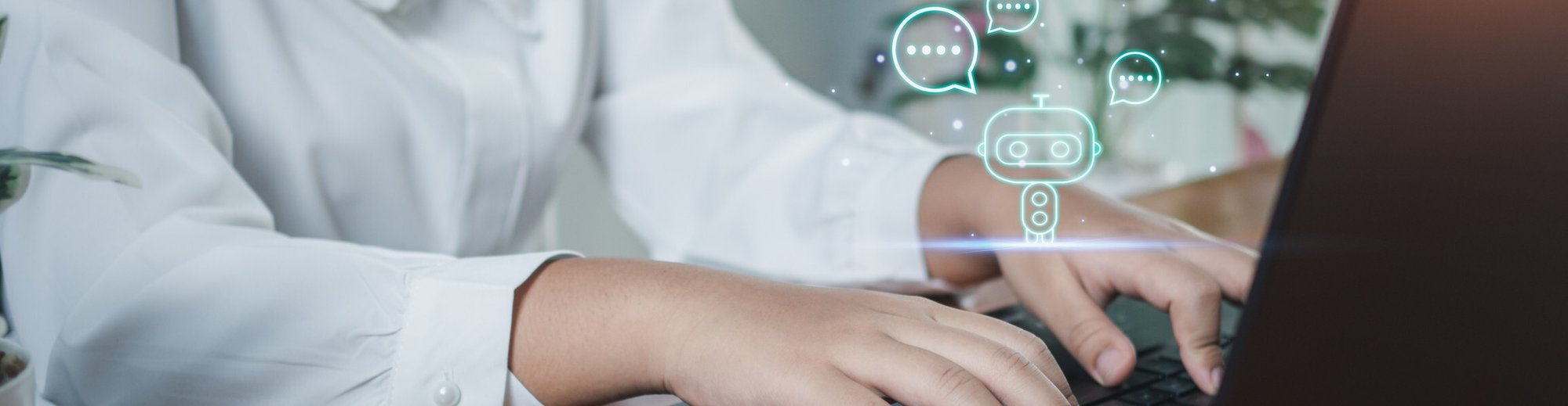 Professional in white dress shirt typing on laptop with translucent quote bubble and chatbot icons floating above the keyboard, representing generative artificial intelligence tools being integrated into business workflows