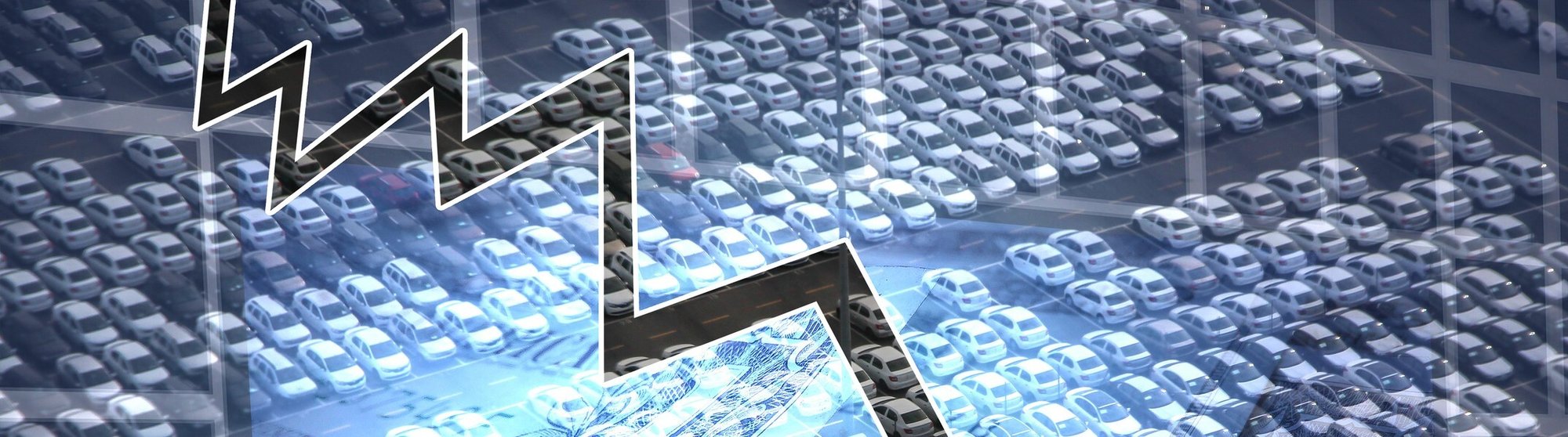 Aerial view of a large car lot with rows of white vehicles, overlaid with a blue-tinted downward zigzag graph line trending from upper left to lower right, visually representing declining automotive sales or market downturn.