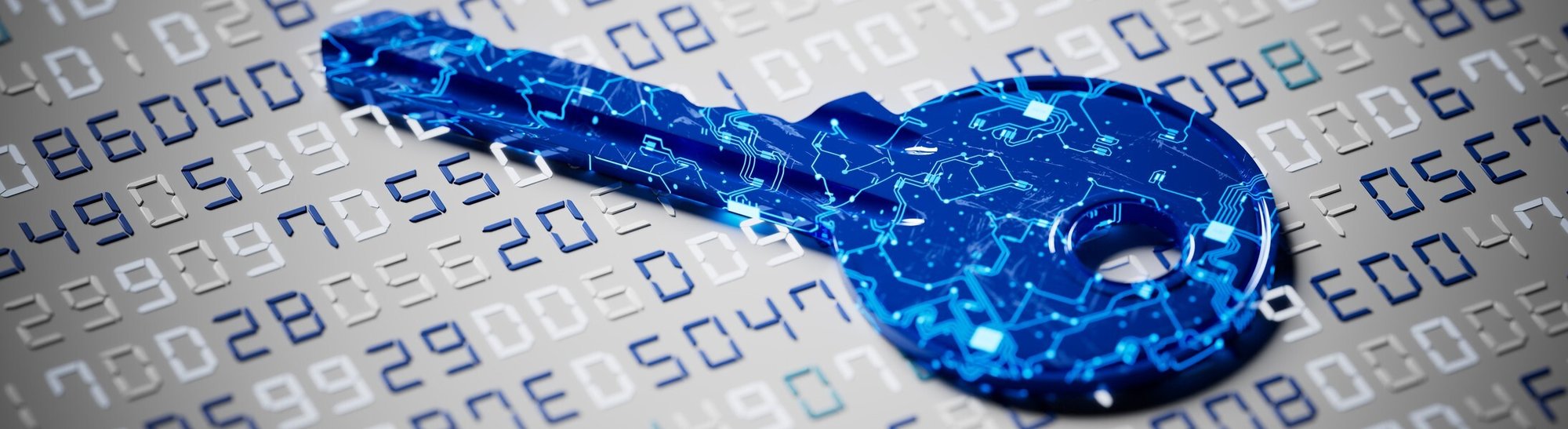 Translucent blue key with circuit patterns lying on a surface covered with rows of alphanumeric code