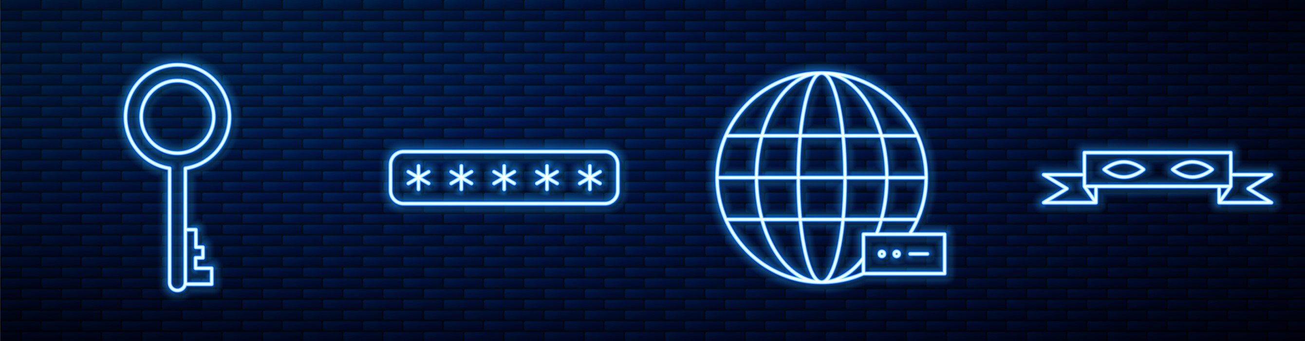 Glowing line of icons on brick wall_social network, old key, password protection, and thief eye mask [1267486911]-2