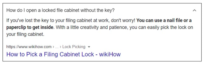 Screenshot of search results showing how to pick a filing cabinet lock.