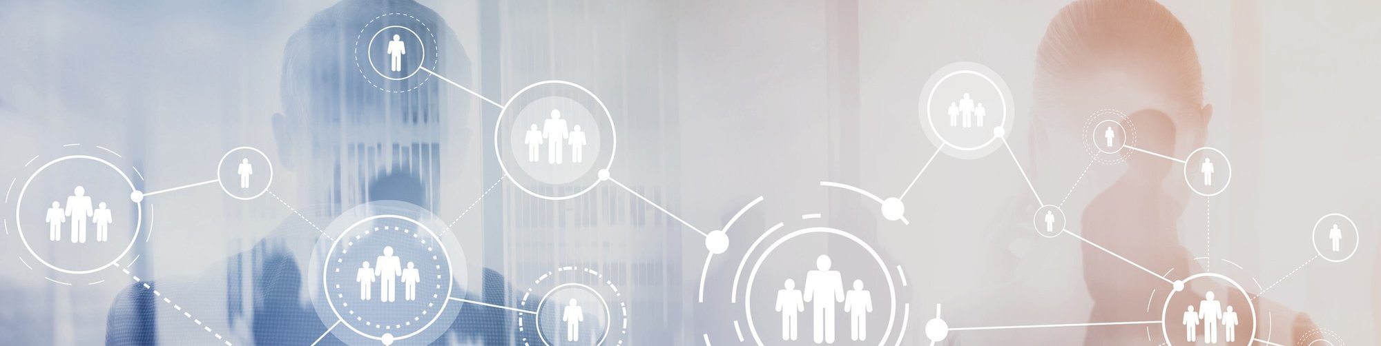 Business professionals with network diagram overlay showing interconnected people icons representing organizational connections
