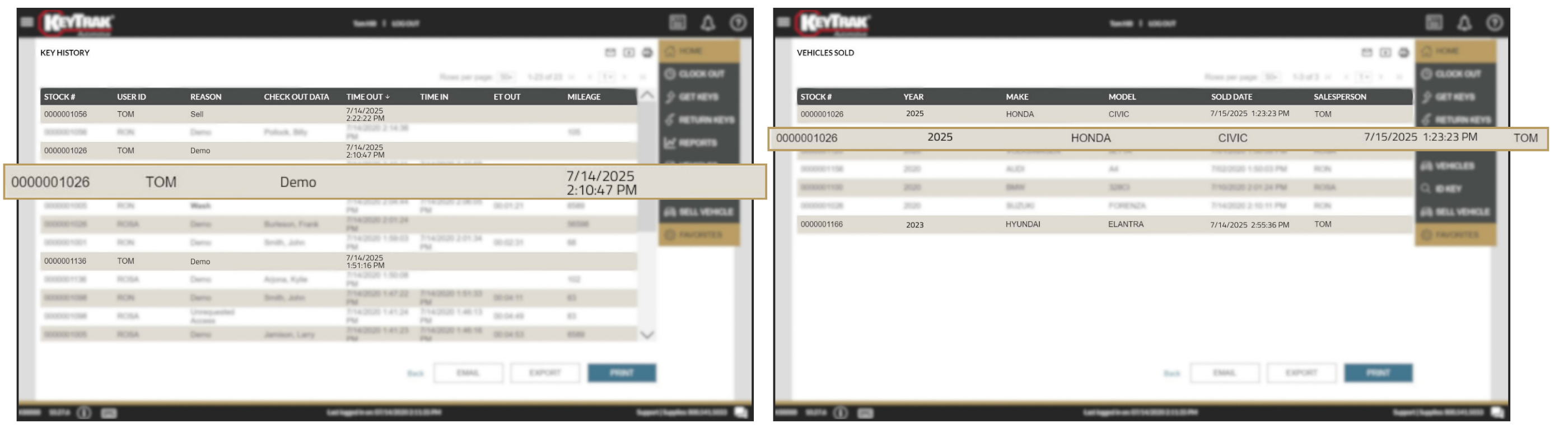 Comparison of Key History and Vehicles Sold reports