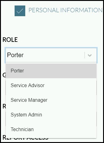 Screenshot of Role drop-down menu when adding a user