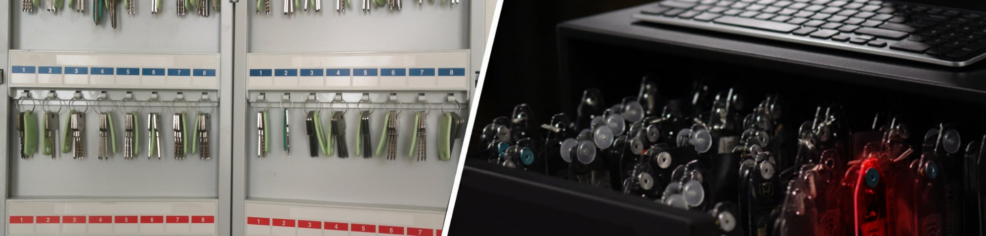 Split image showing a close-up of keys hanging in a key cabinet on the left and a close-up of key tags in a key control system, with one tag lit up in red