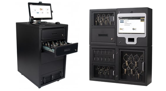 Photo of a free-standing, drawer-based key control system and a wall-mounted, modular key control system