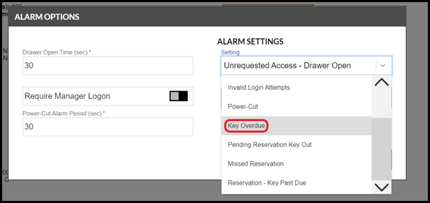 Alarm Setting > Key Overdue menu option