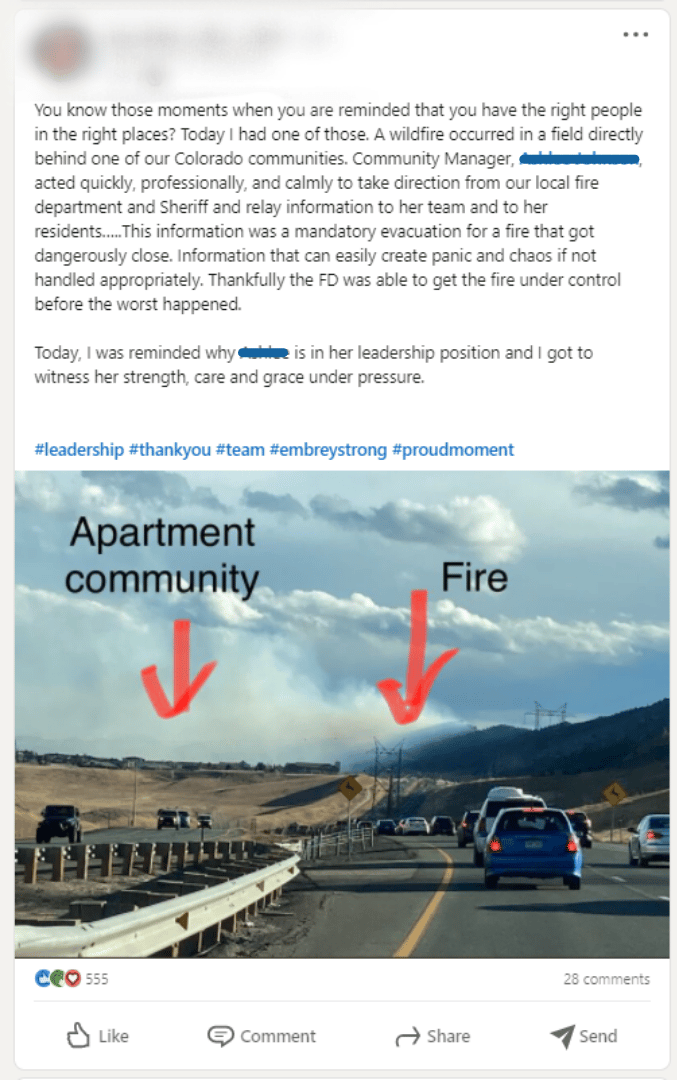 Screenshot of LinkedIn post describing the wildfire that occurred behind a multifamily community in Colorado