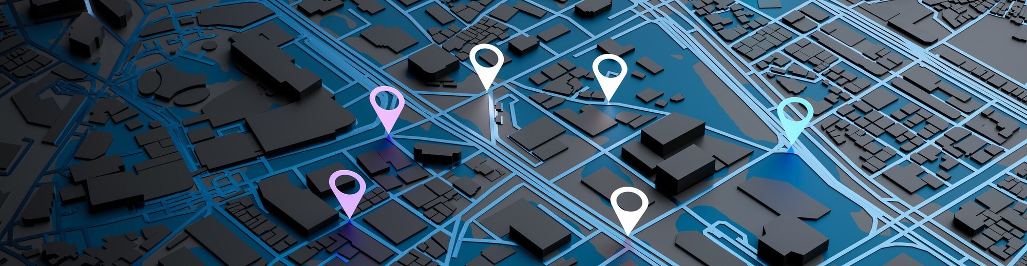 3D city map with multiple location pins highlighting different sites across an urban grid