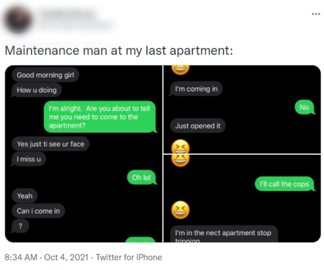 Screenshot of Twitter post showing conversation between resident and maintenance technician