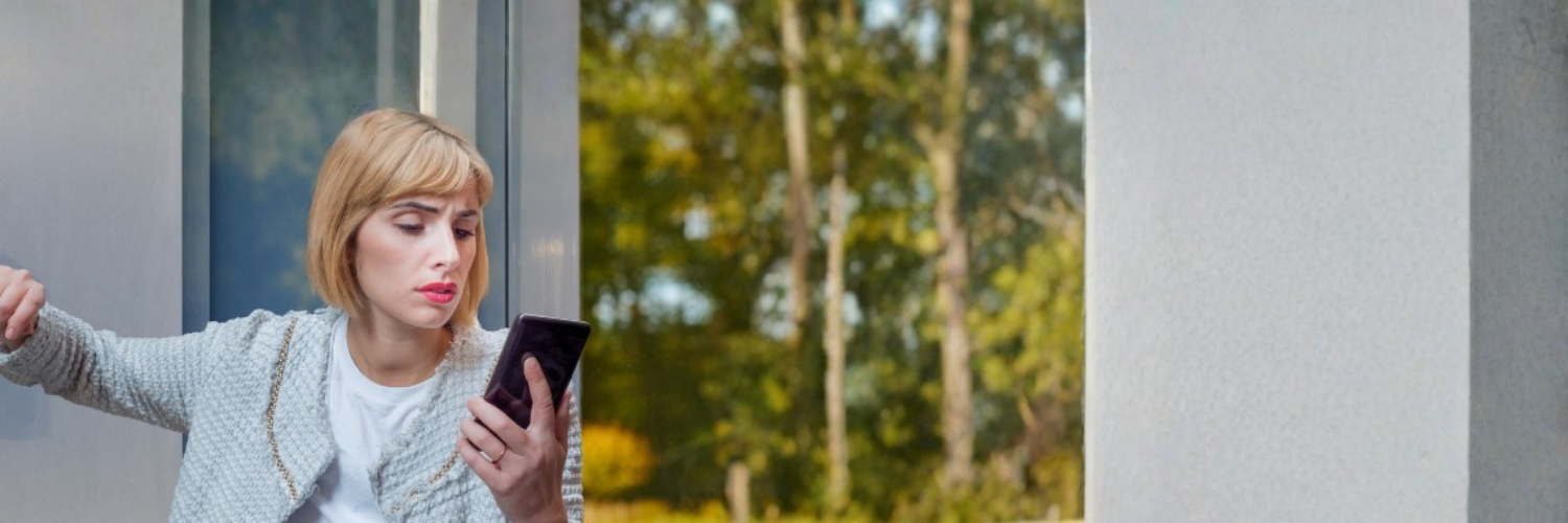 Woman locked outside apartment looking at phone