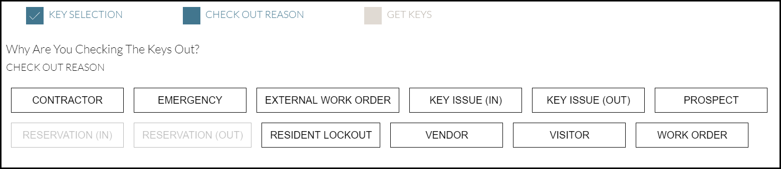 Screenshot of checkout reasons in KeyTrak Edge for Multifamily